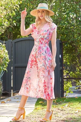 Essential Layer Ruth Cap Sleeve Floral Print Zip Up Midi Dress Fuchsia