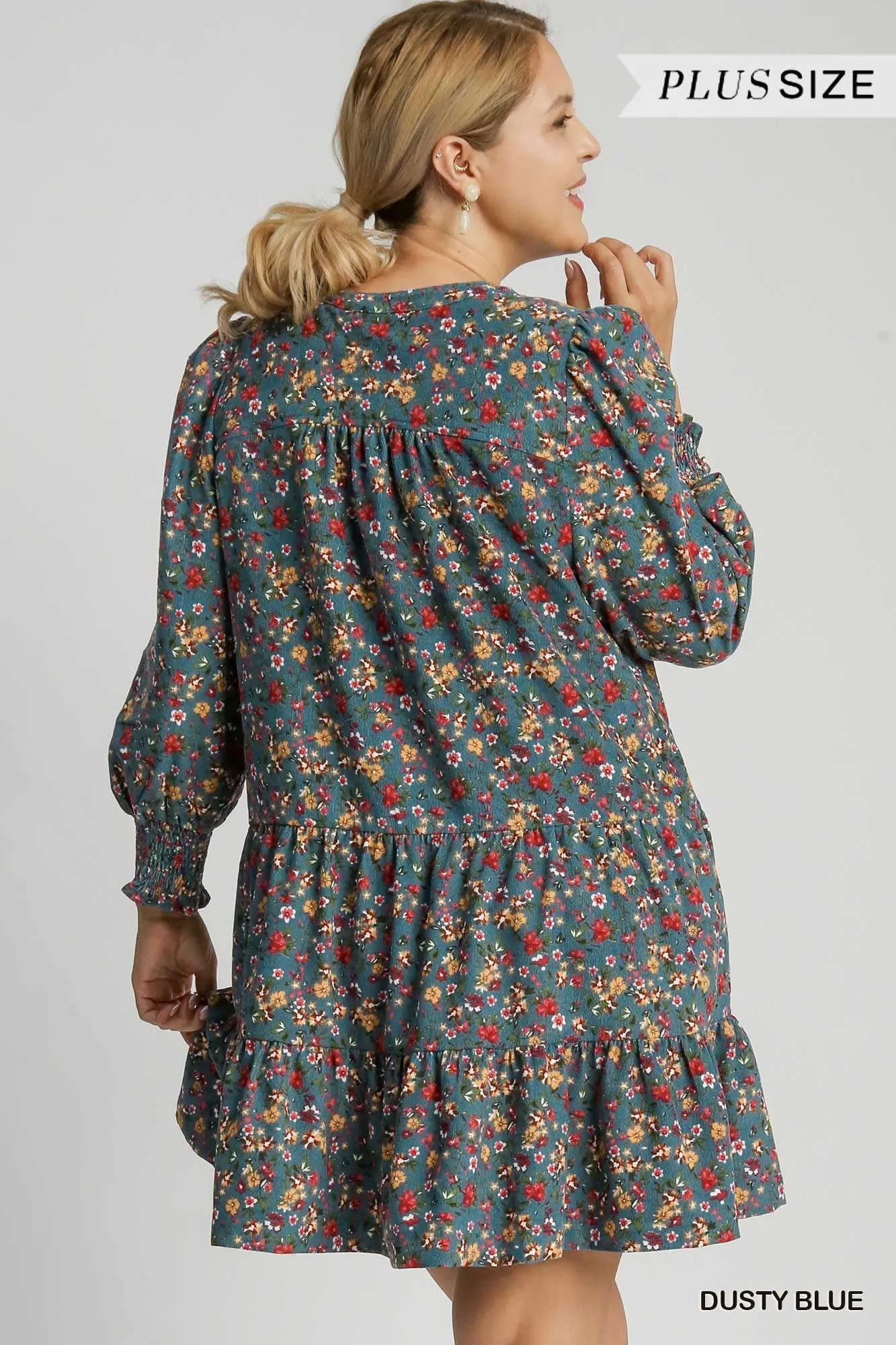 Dusty Blue w/ All Over Floral Corduroy Dress Button Accent