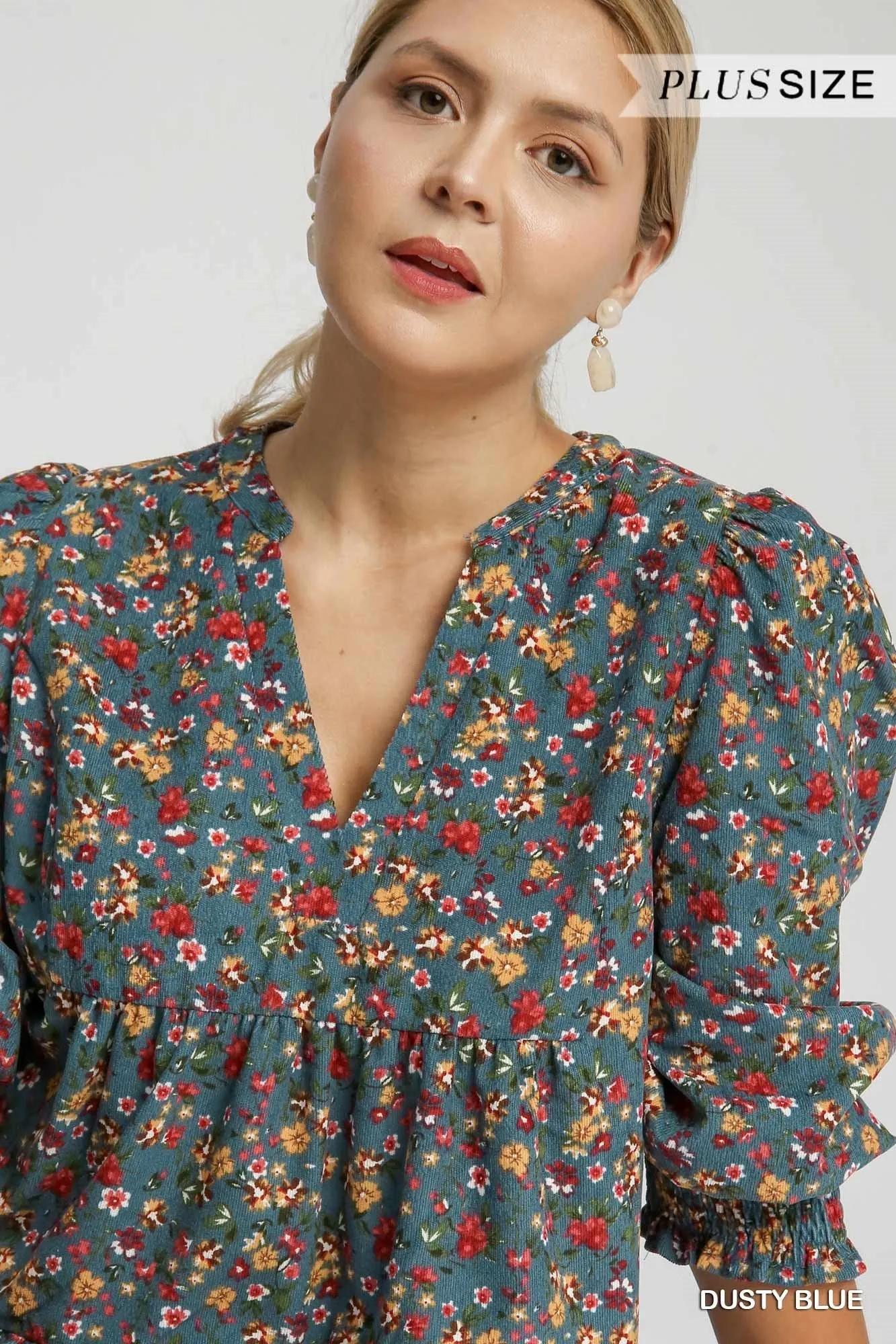 Pure Fabric Flowy Texture Dusty Blue w/ All Over Floral Corduroy Dress