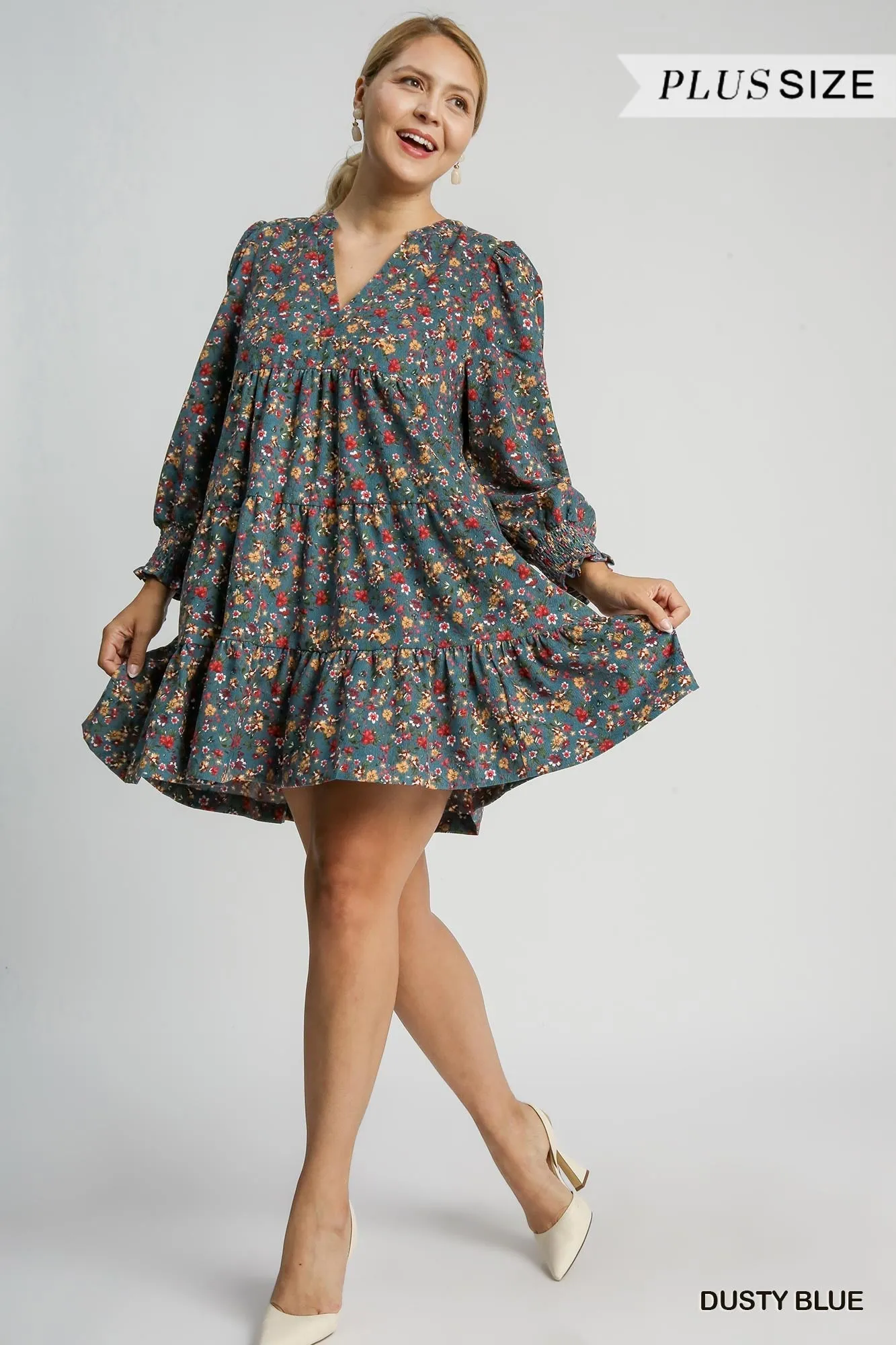 Dusty Blue w/ All Over Floral Corduroy Dress Anniversary-Event Glam Feel