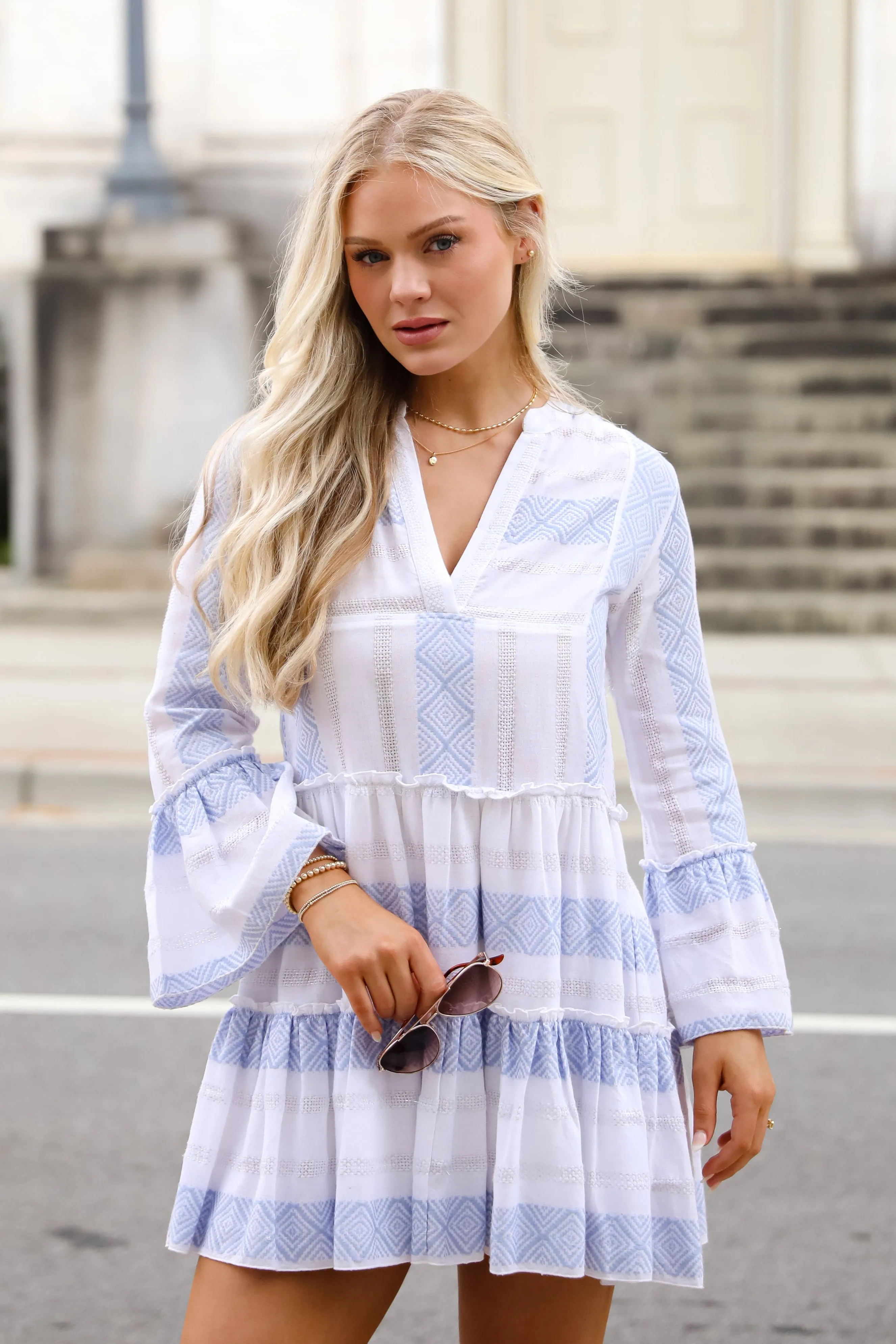 Pearl-Detail Earthy Hue FINAL SALE - Memorably Cute White Striped Mini Dress