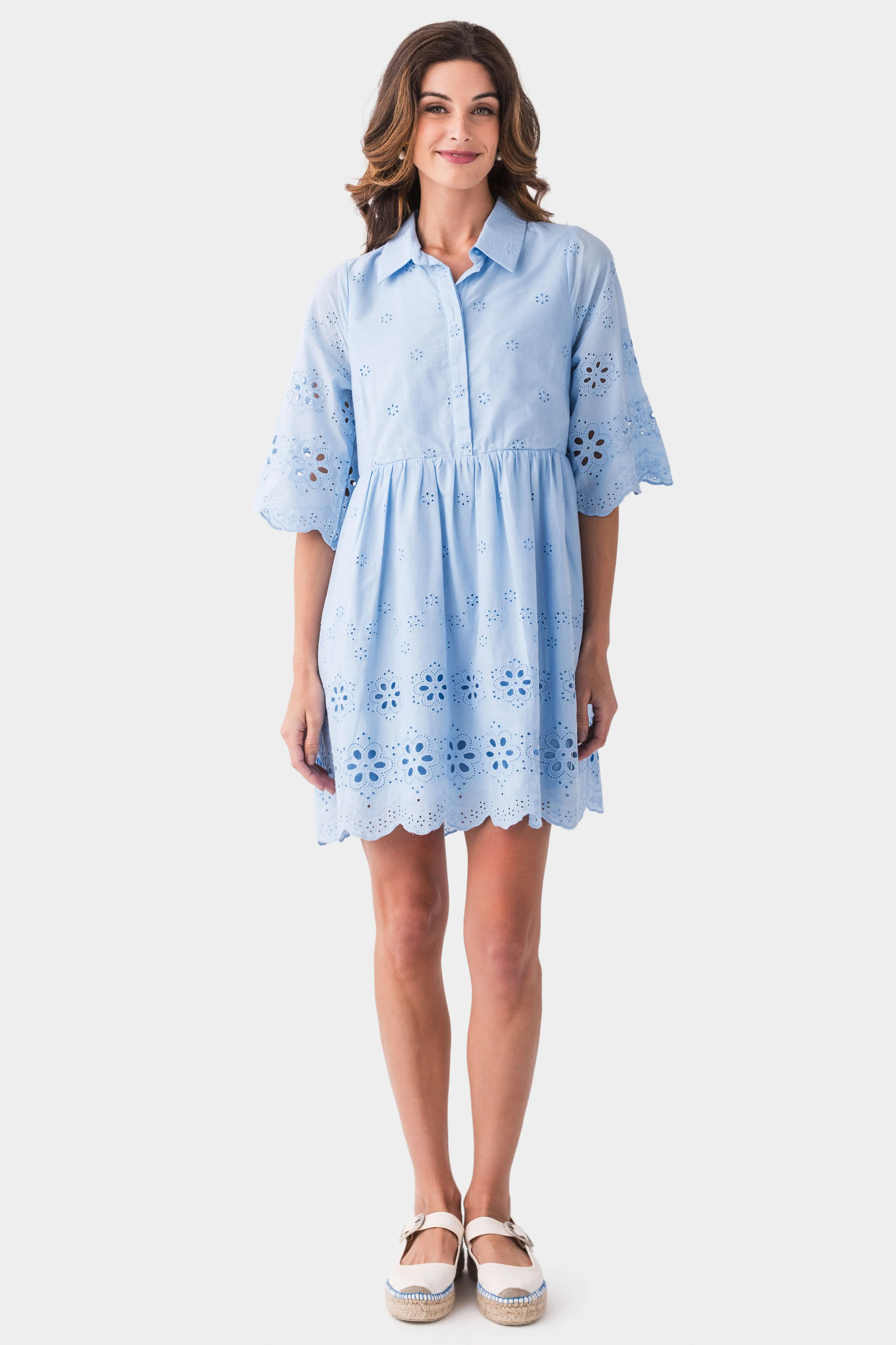 Adjustable-Length AnnieWear Embroidered Scallop Detail Mini Dress