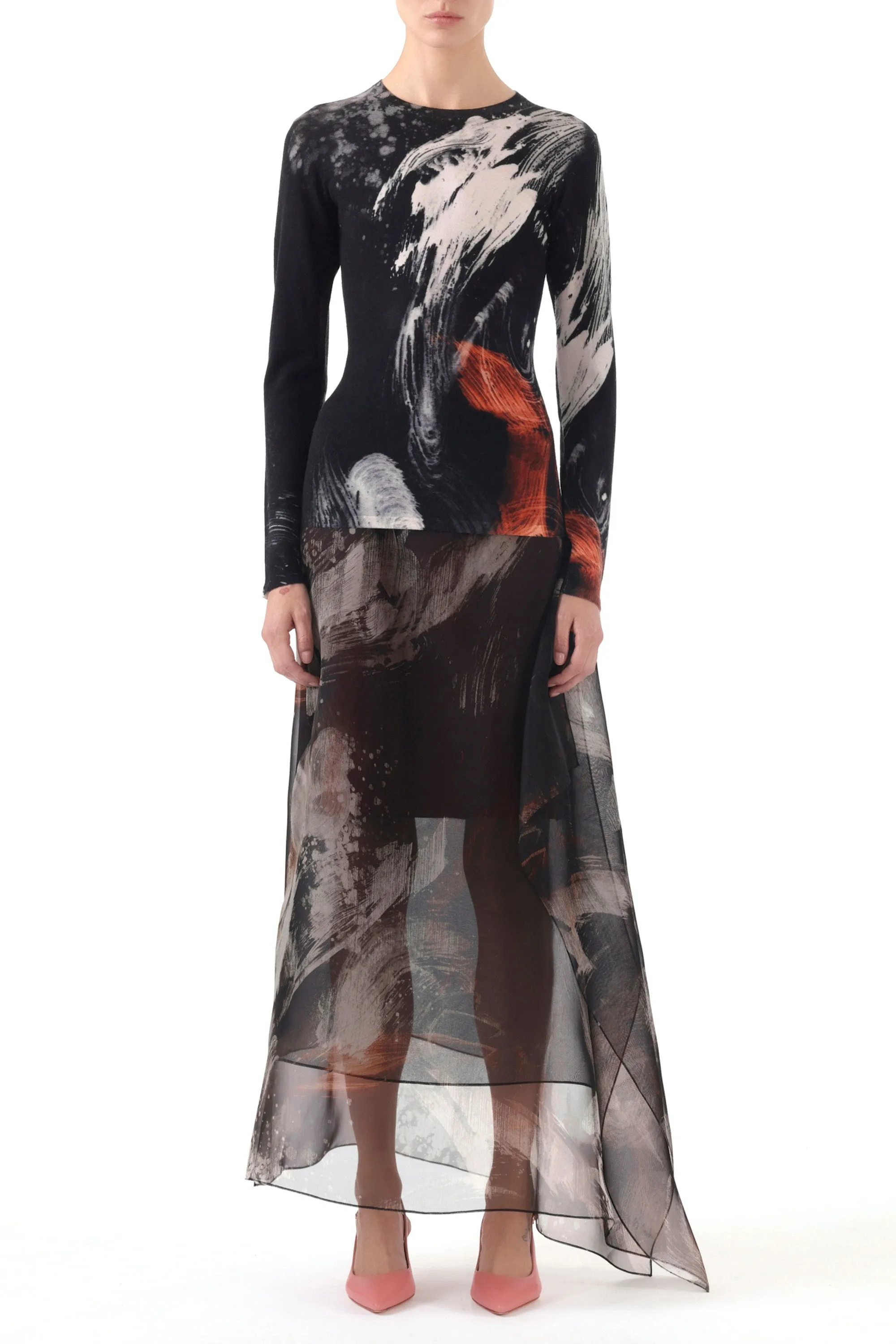 Casual Edge SILK ORGANZA BRUSHSTROKE PRINTED MIDI SKIRT