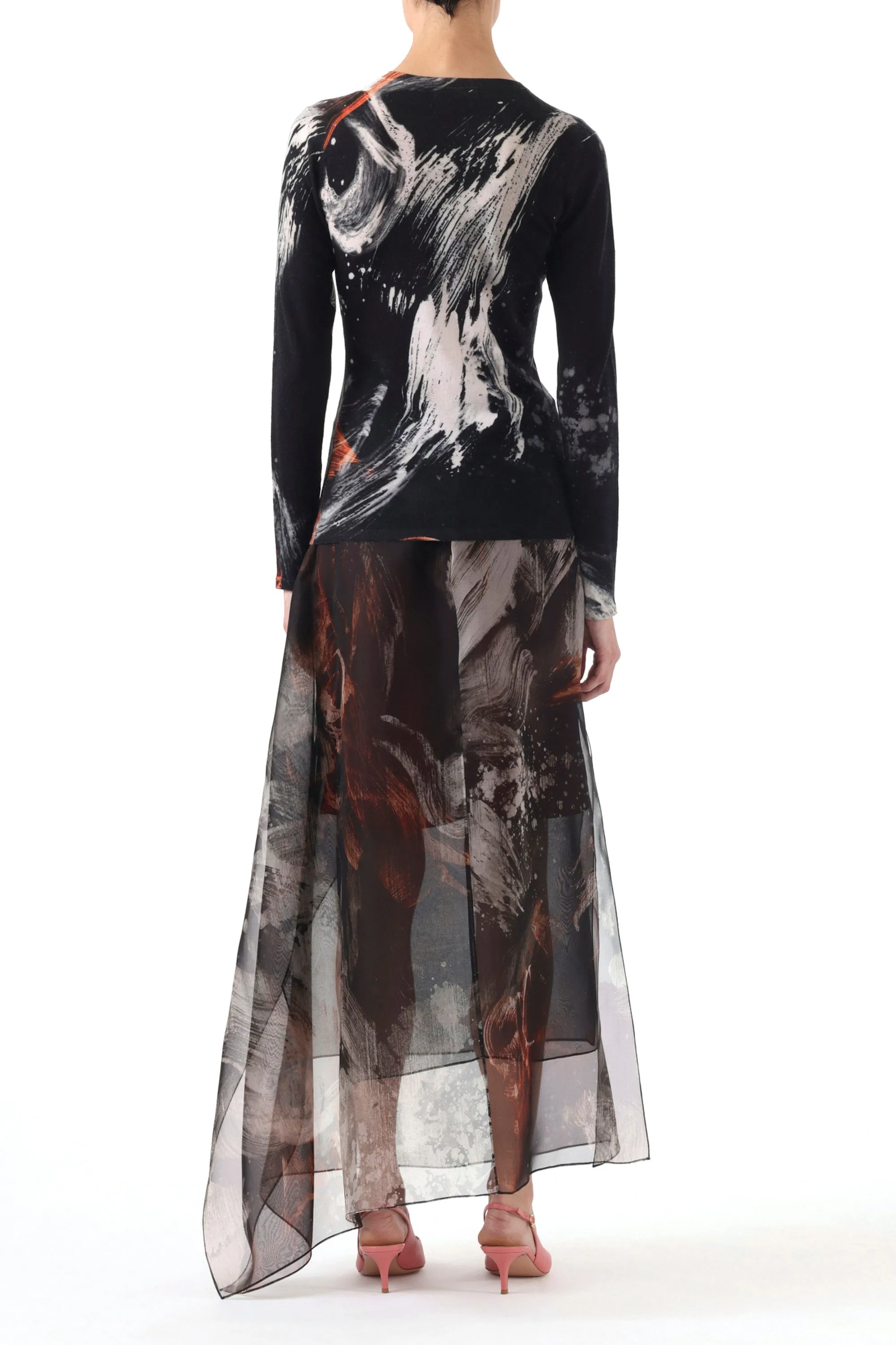 Non Slip Waist SILK ORGANZA BRUSHSTROKE PRINTED MIDI SKIRT