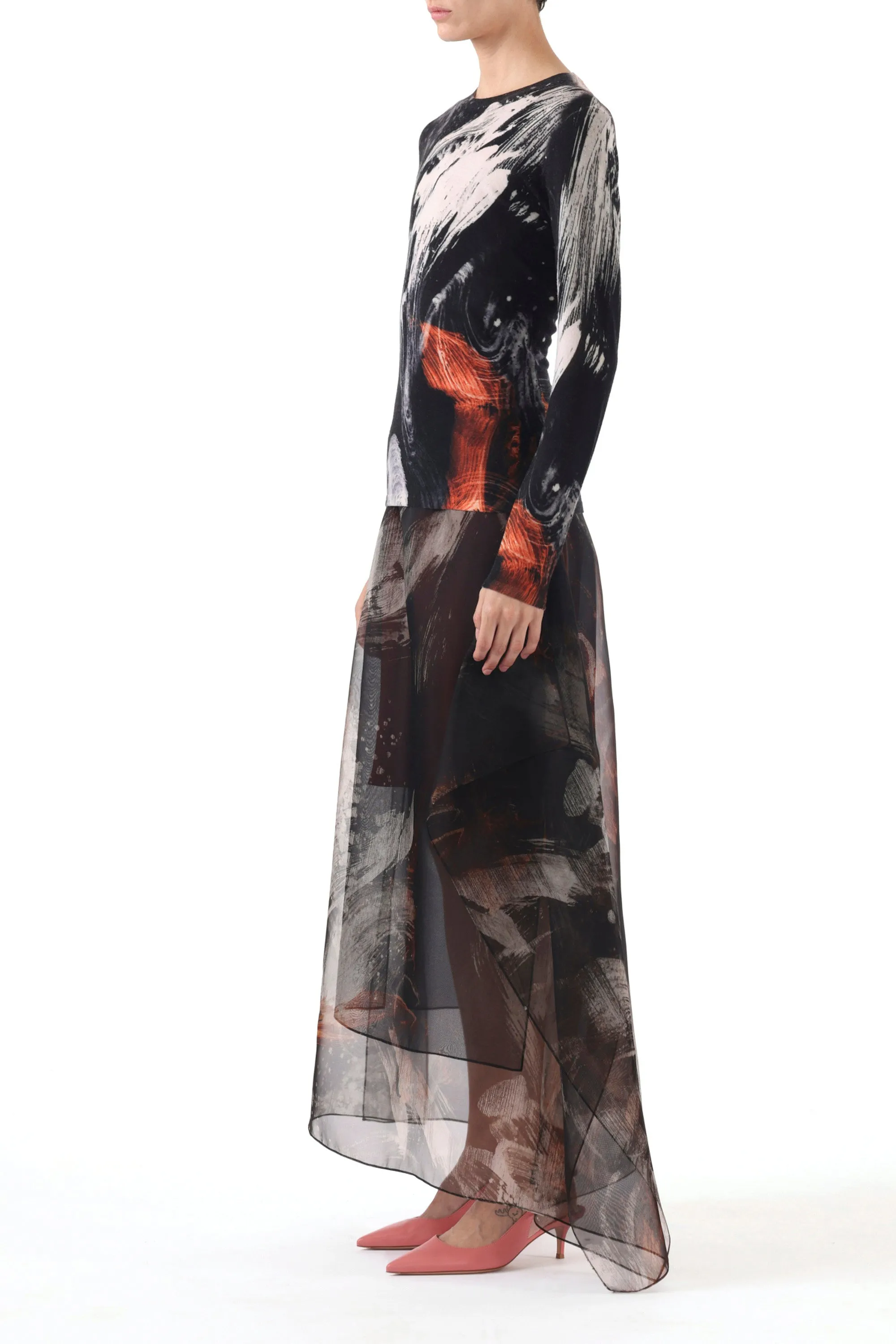 SILK ORGANZA BRUSHSTROKE PRINTED MIDI SKIRT Abrasion resistant Minimal Vibes