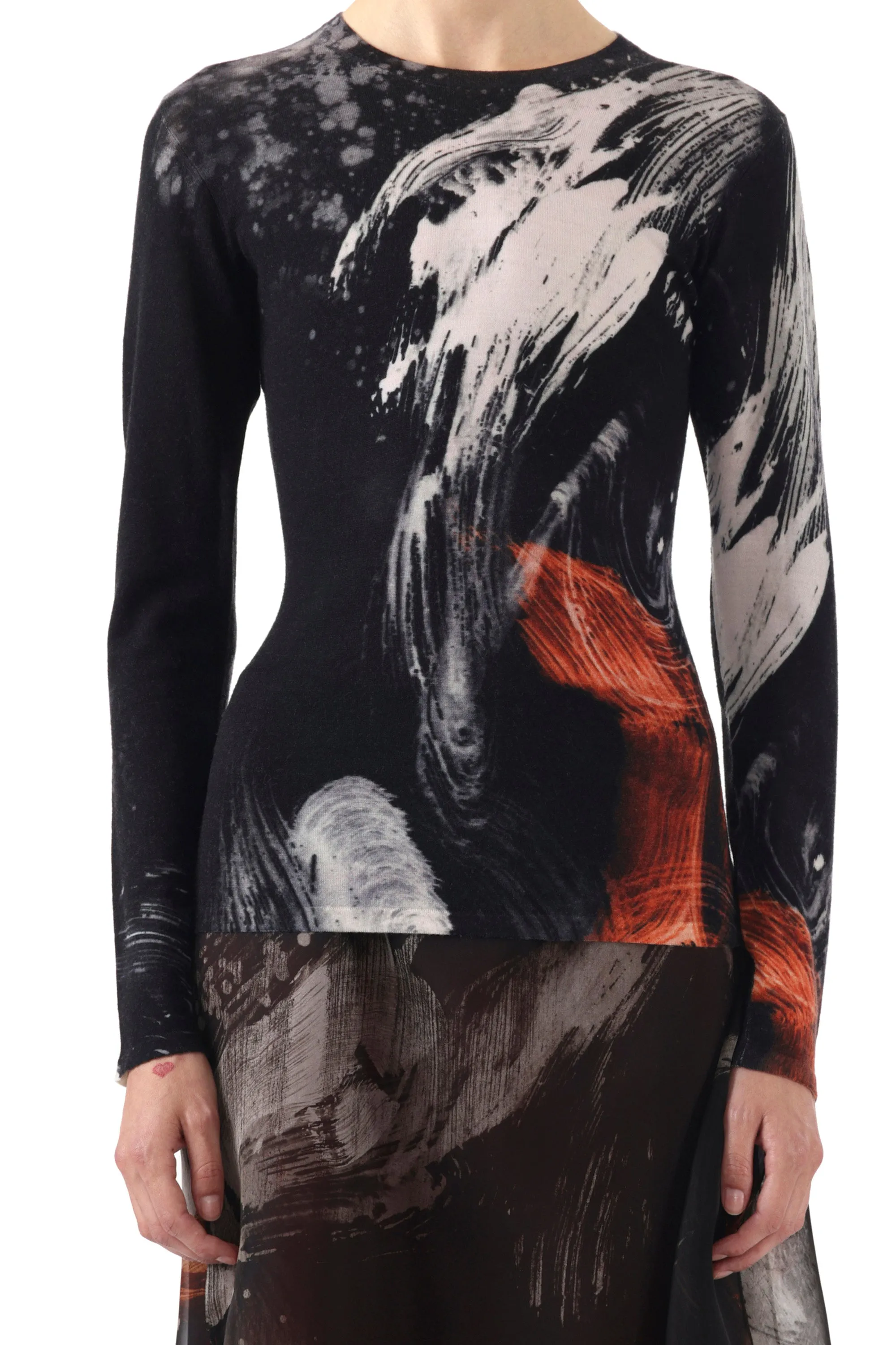 SILK ORGANZA BRUSHSTROKE PRINTED MIDI SKIRT Double Layer Construction