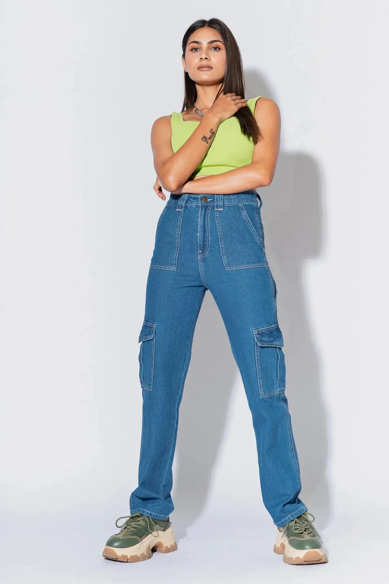 Blue Women's Straight Cargo Jeans Casual Morning Stroll Traveler Gear Winter Warmth Smooth