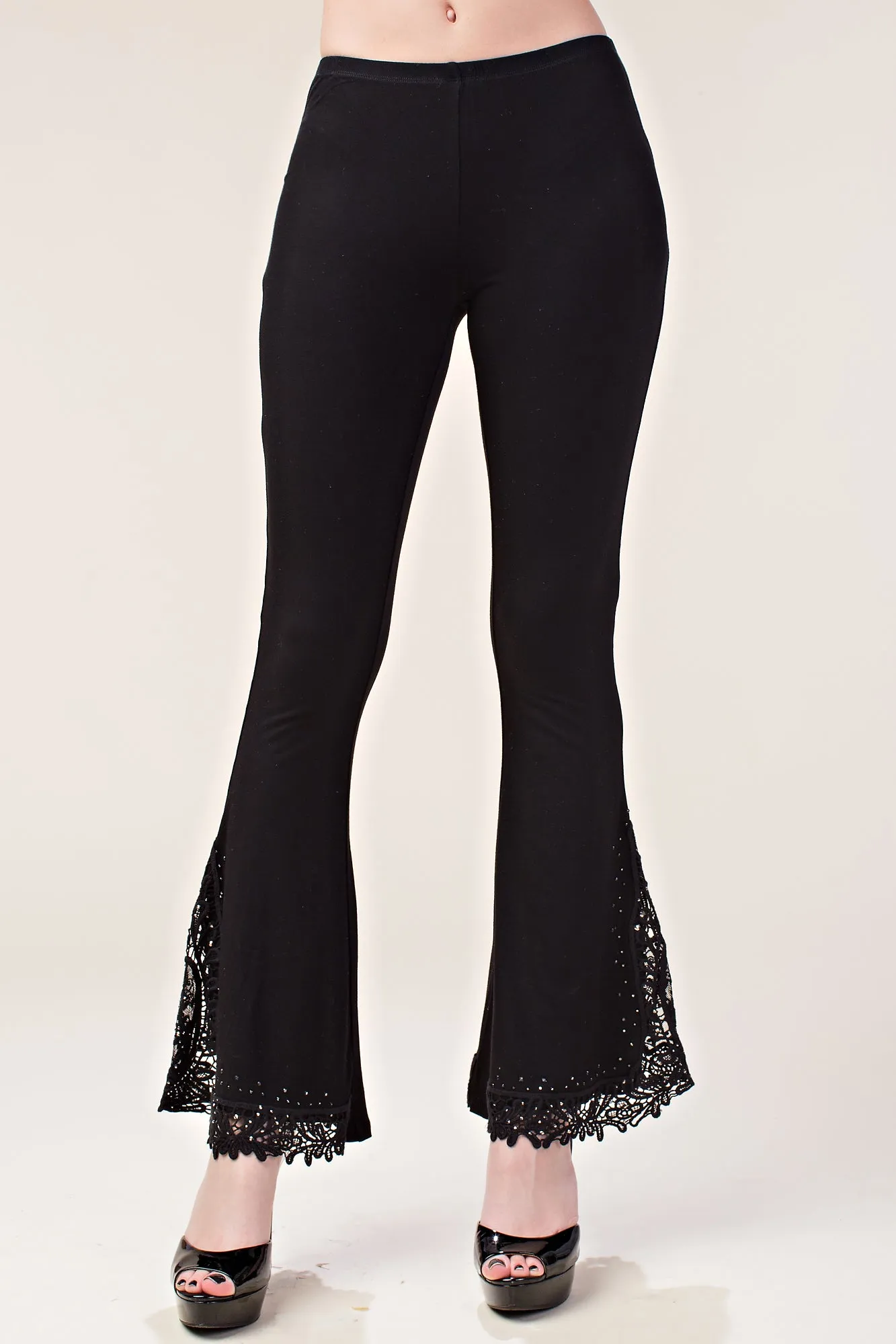 Performance Design Padded hips Black Bell Bottom Knit Pants w/ Lace & Crochet