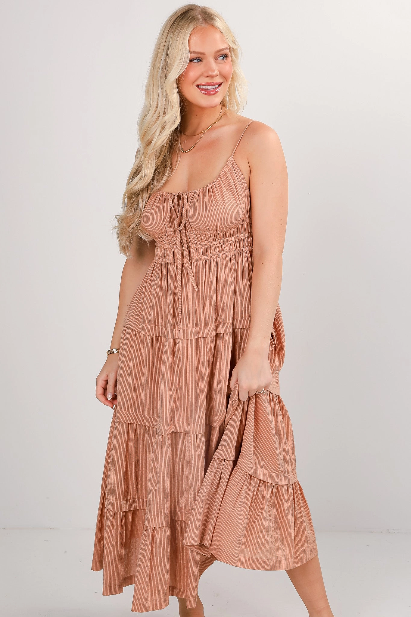 Multipurpose FINAL SALE - Rooted In Love Taupe Tiered Maxi Dress