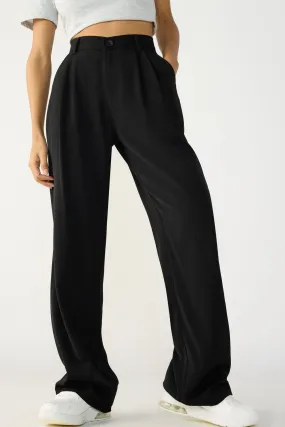 Street Utility Side Pockets Black Double Pleated Women's Straight Korean Pants