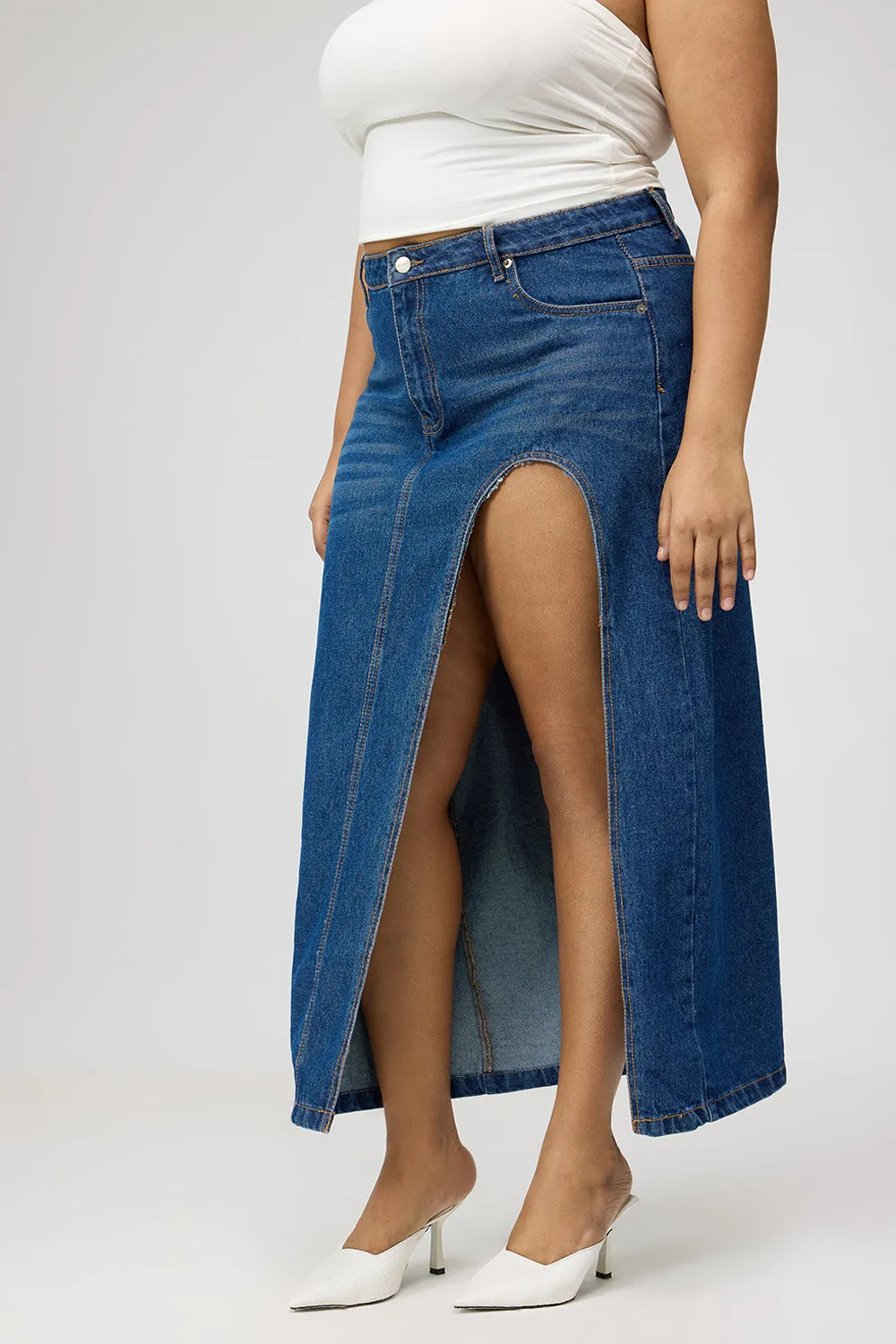 High Street Chic Full Circle Curve Blue Curved Slit Midi Skirt