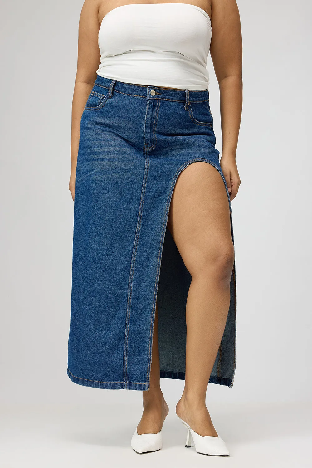 Split hem Fair trade Curve Blue Curved Slit Midi Skirt