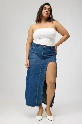 Airy Look Curve Blue Curved Slit Midi Skirt