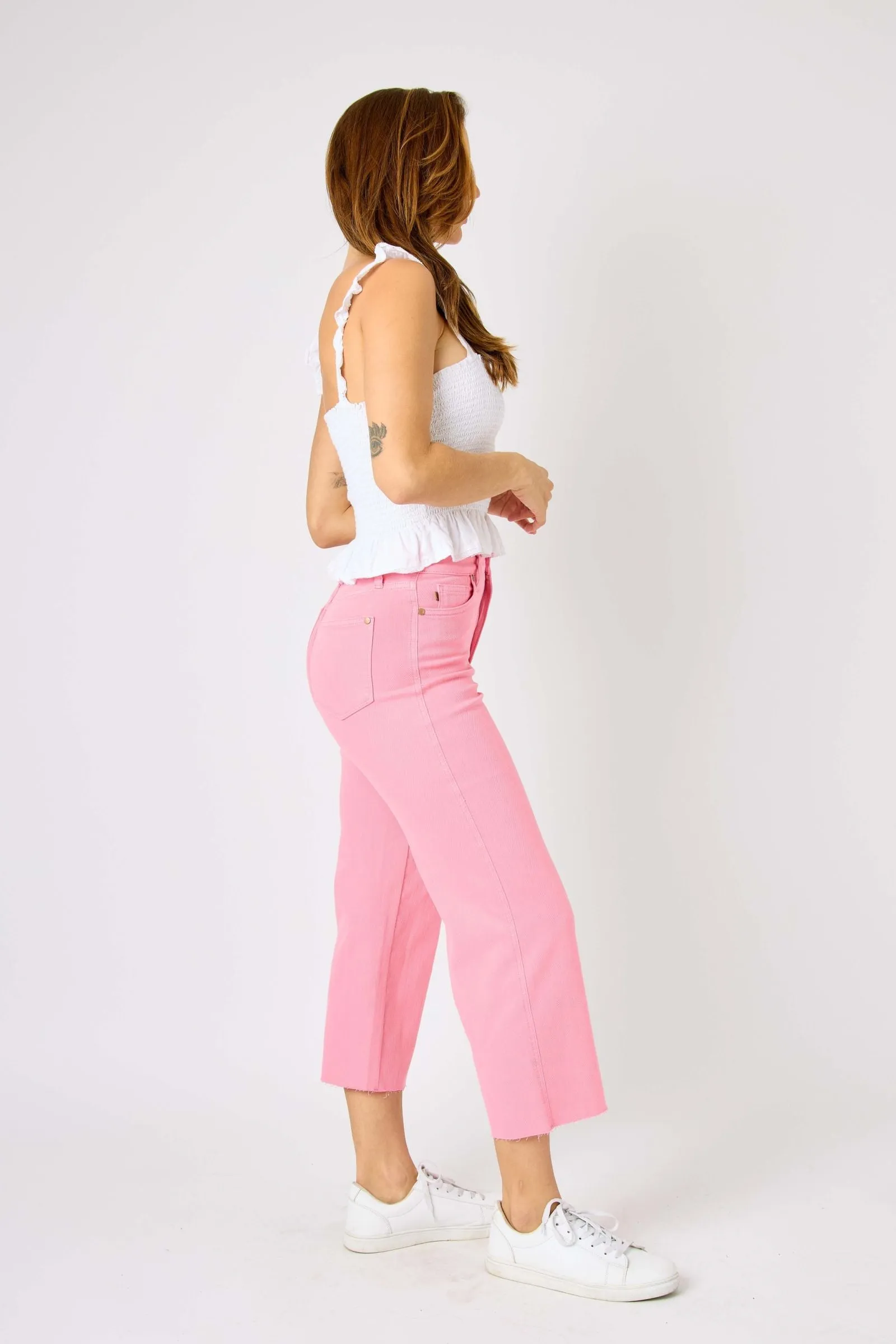 Work Flex Stay Dry Bubble Gum Pink Wide Leg Judy Blue Crop Jeans