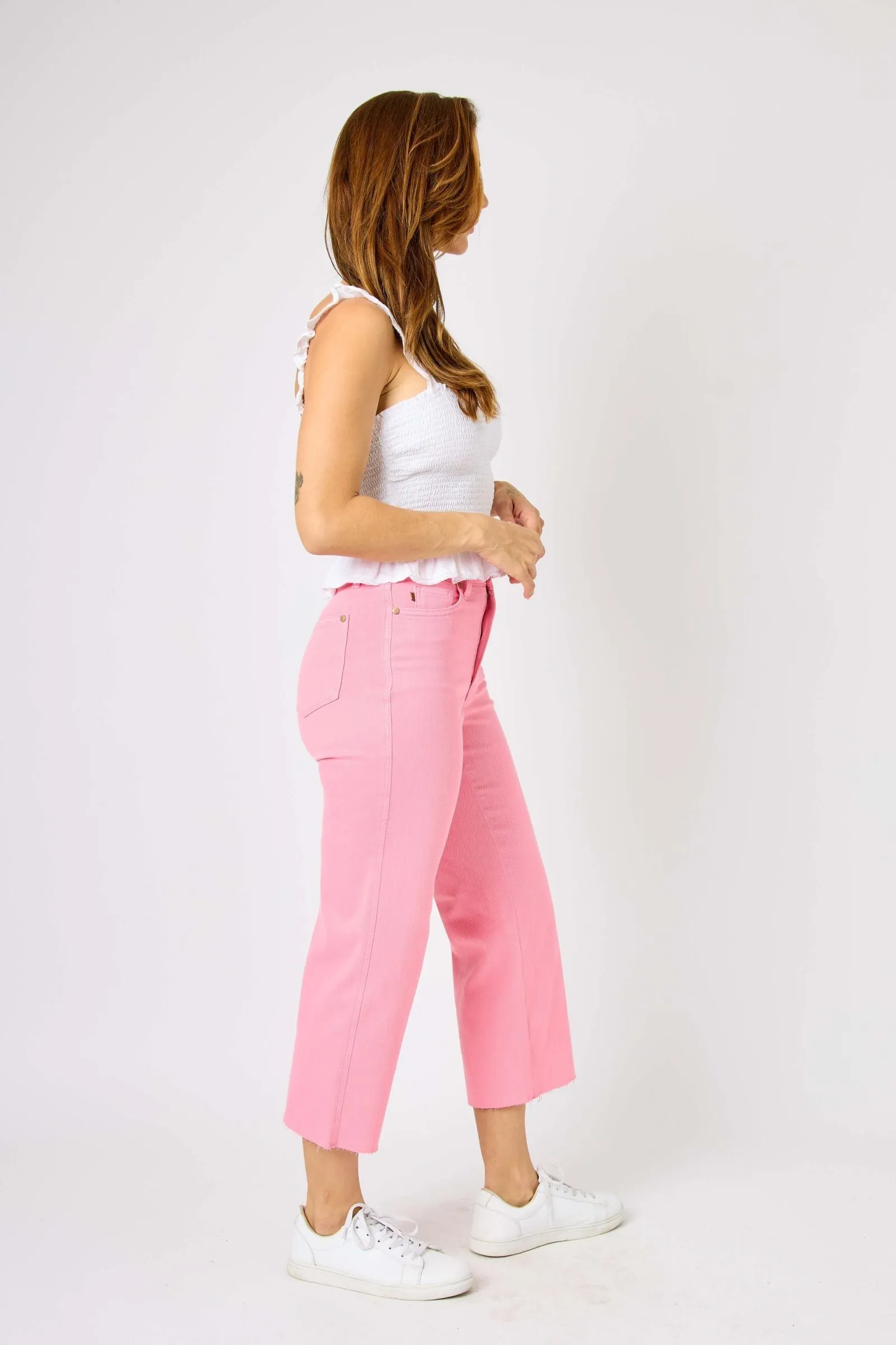 Bubble Gum Pink Wide Leg Judy Blue Crop Jeans Secure Waistband Comfort Fit Wear