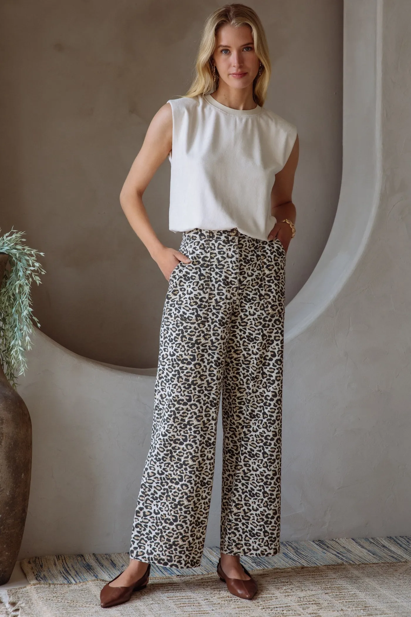 GABRIELLA WASHED LEOPARD PRINT PANTS Comfy Fit Flexible Knee Panels