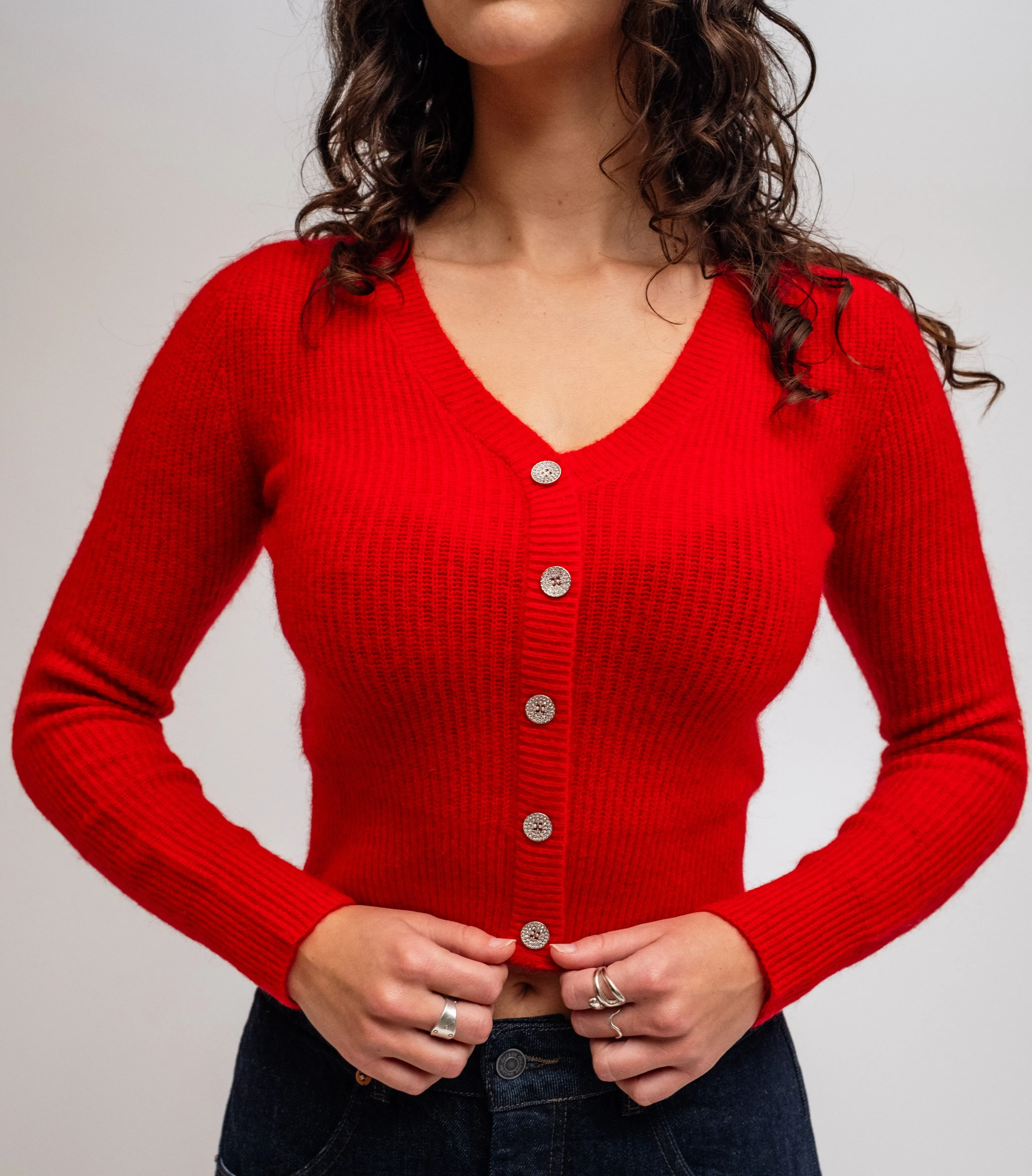 Red Cropped Mohair Cardigan MultiPly Yarn Construction