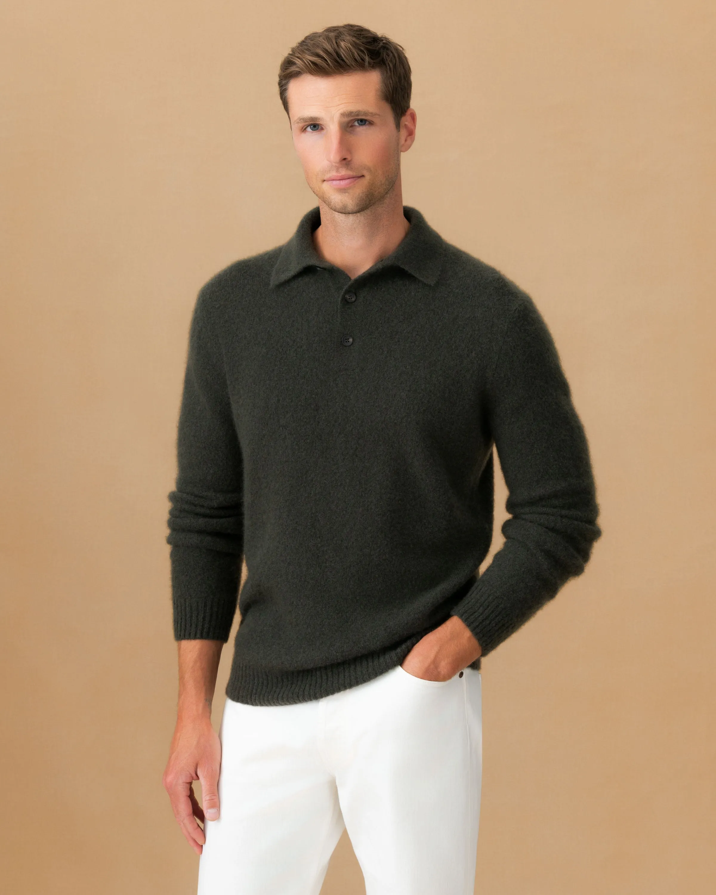 DoubleLayered Hem AntiPilling Treatment Brushed Cashmere Silk Long Sleeve Polo Shirt