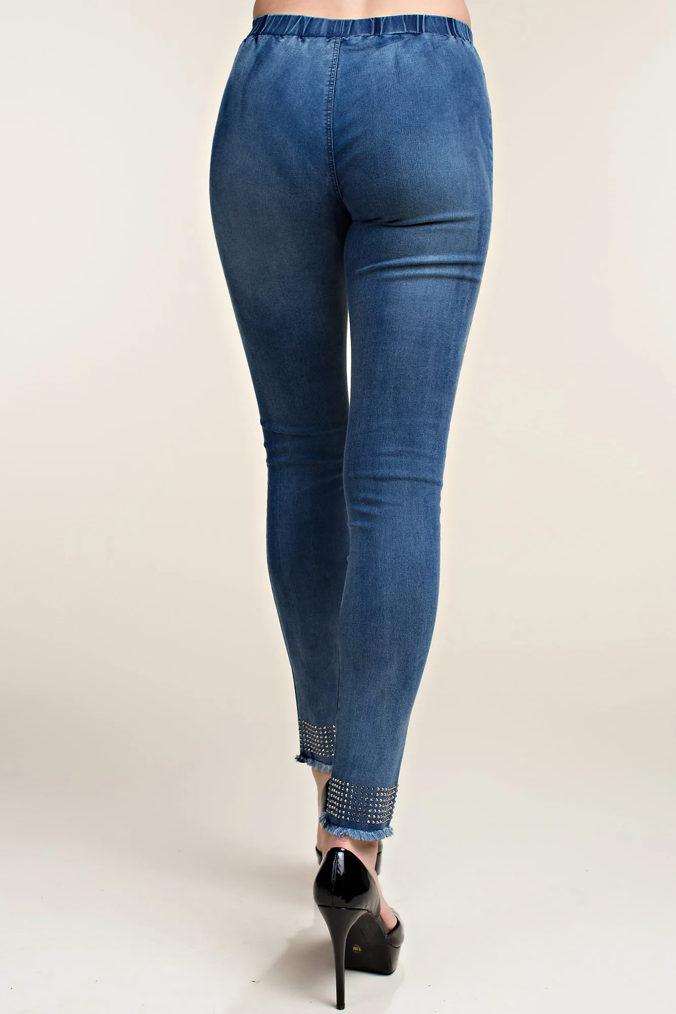 Flexible Performance Wear Flattering Shape Jeggings with Rhinestone Raw Hem Detail