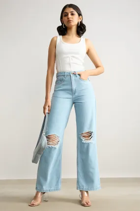 Light Blue High Waisted Distressed Women's Wide Jeans Morning Stroll Sustainable Classic