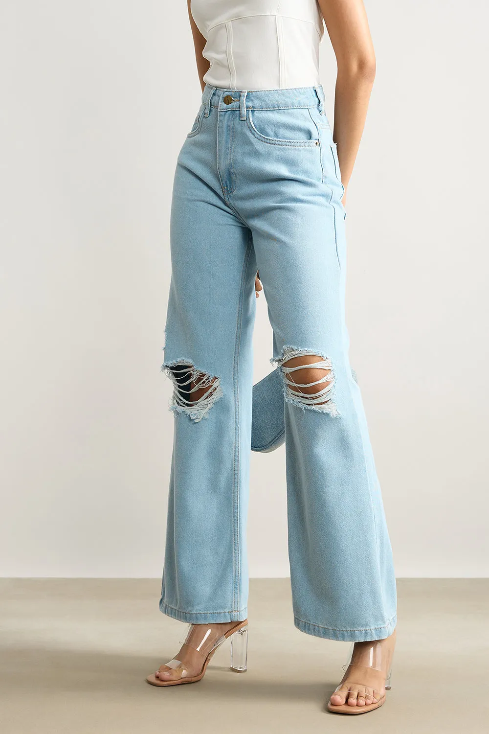 Always Appropriate Light Blue High Waisted Distressed Women's Wide Jeans