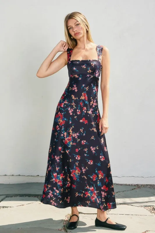 Calm Style Collar Accent Waitlist 10/15 ? Meave Sleeveless Open Back Tie Floral Print Midi Dress Navy