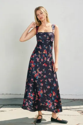 Waitlist 10/15 ? Meave Sleeveless Open Back Tie Floral Print Midi Dress Navy Satin Layers Versatile Comfort