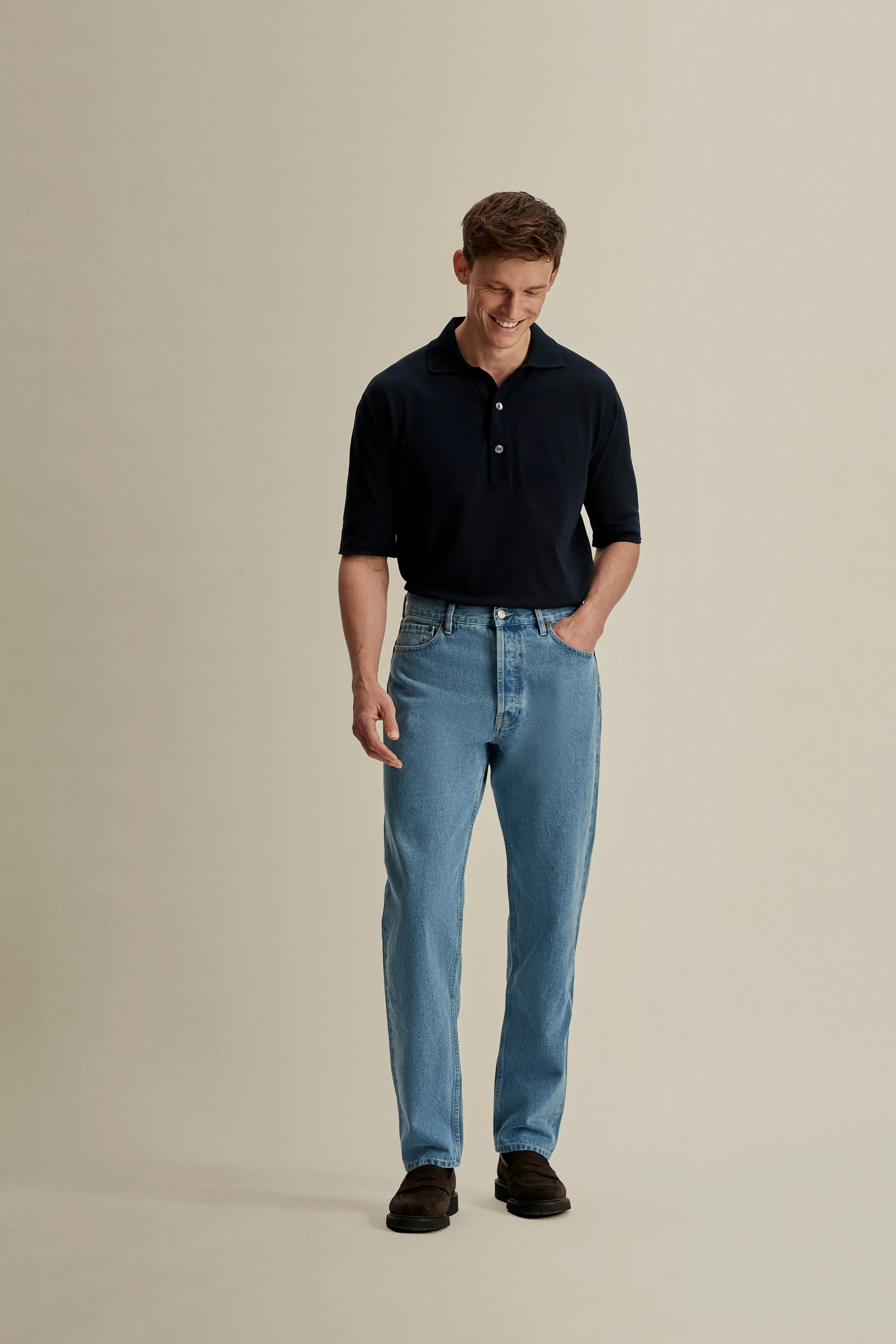 Reinforced Neckline Stitching Crepe Cotton Polo Shirt