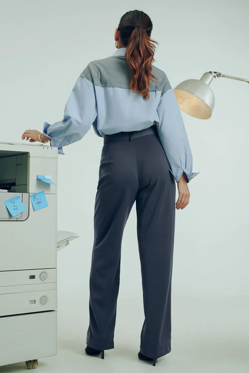 Smoky Grey Double Pleated Women's Wide Korean Pants No Ride