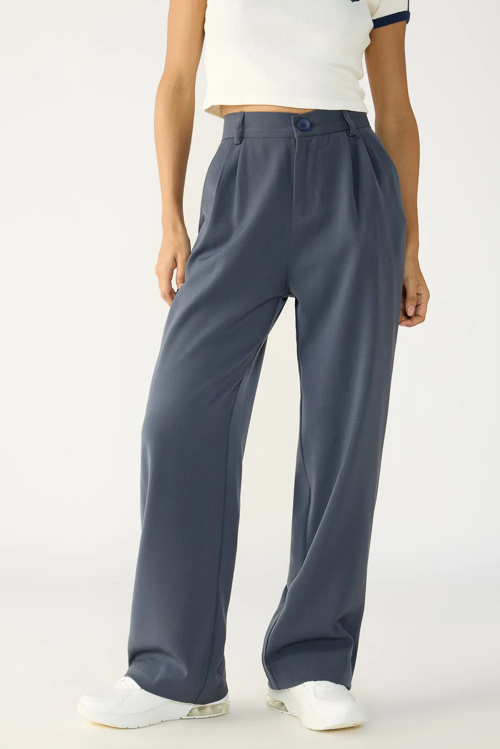 Sleek and Soft Smoky Grey Double Pleated Women's Wide Korean Pants