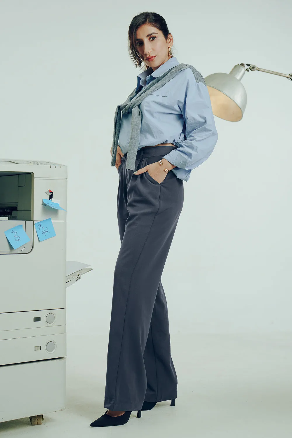 Smoky Grey Double Pleated Women's Wide Korean Pants Moisture Wicking Fabric Full Comfort