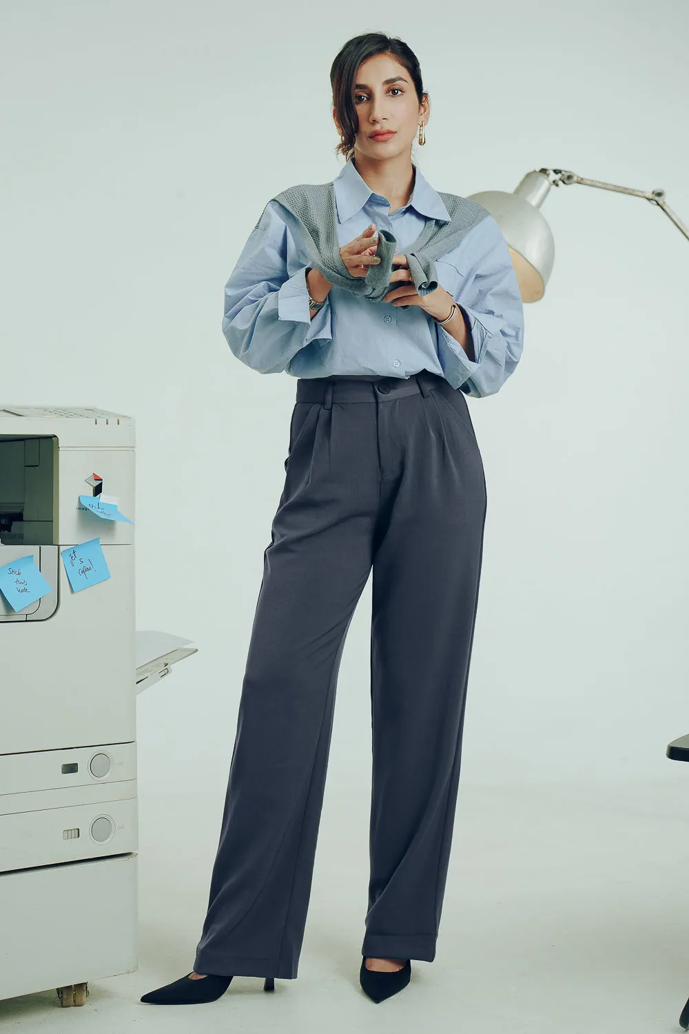 Smoky Grey Double Pleated Women's Wide Korean Pants Flattering Design Quick drying material