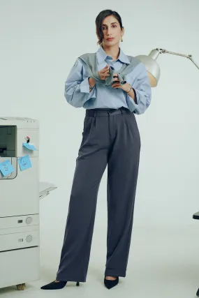 Smoky Grey Double Pleated Women's Wide Korean Pants Flattering Design Quick drying material