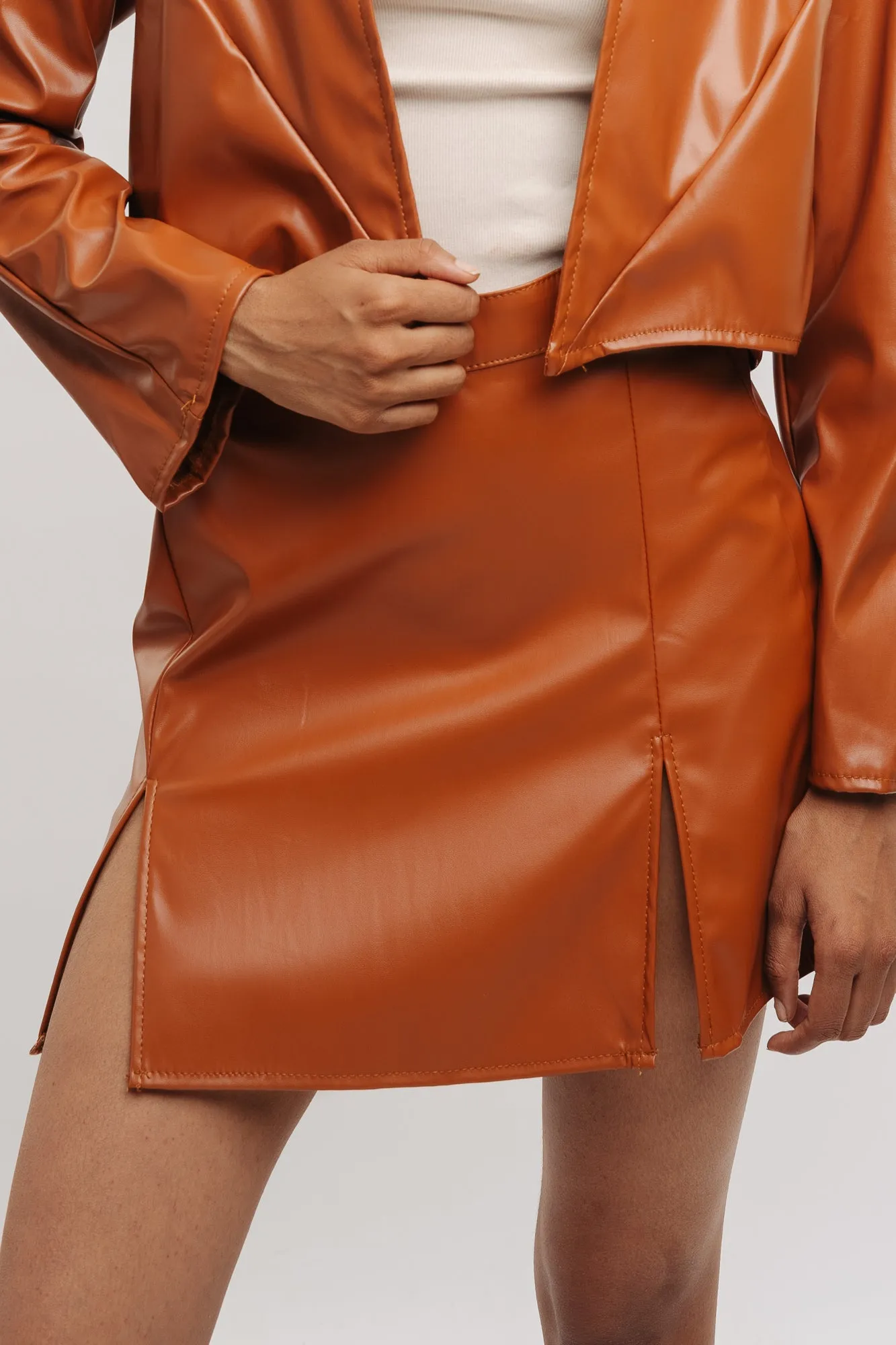 Structured Shape Tan Front Slit Leather Skirt