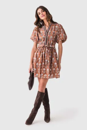 Flattering Look Wear THML Block Print Tie Waist Puff Sleeve Dress