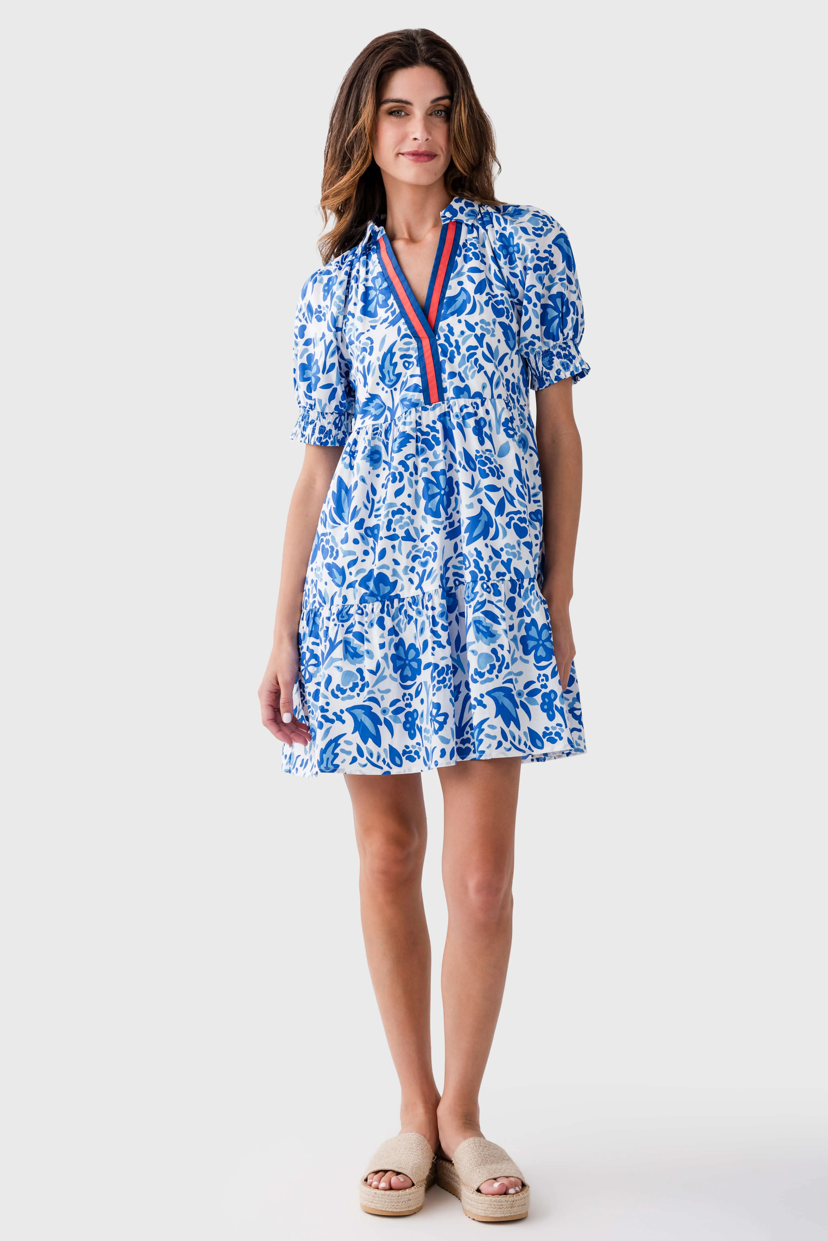 All-Day Wear THML Flower Print Stripe Detail Tiered Dress