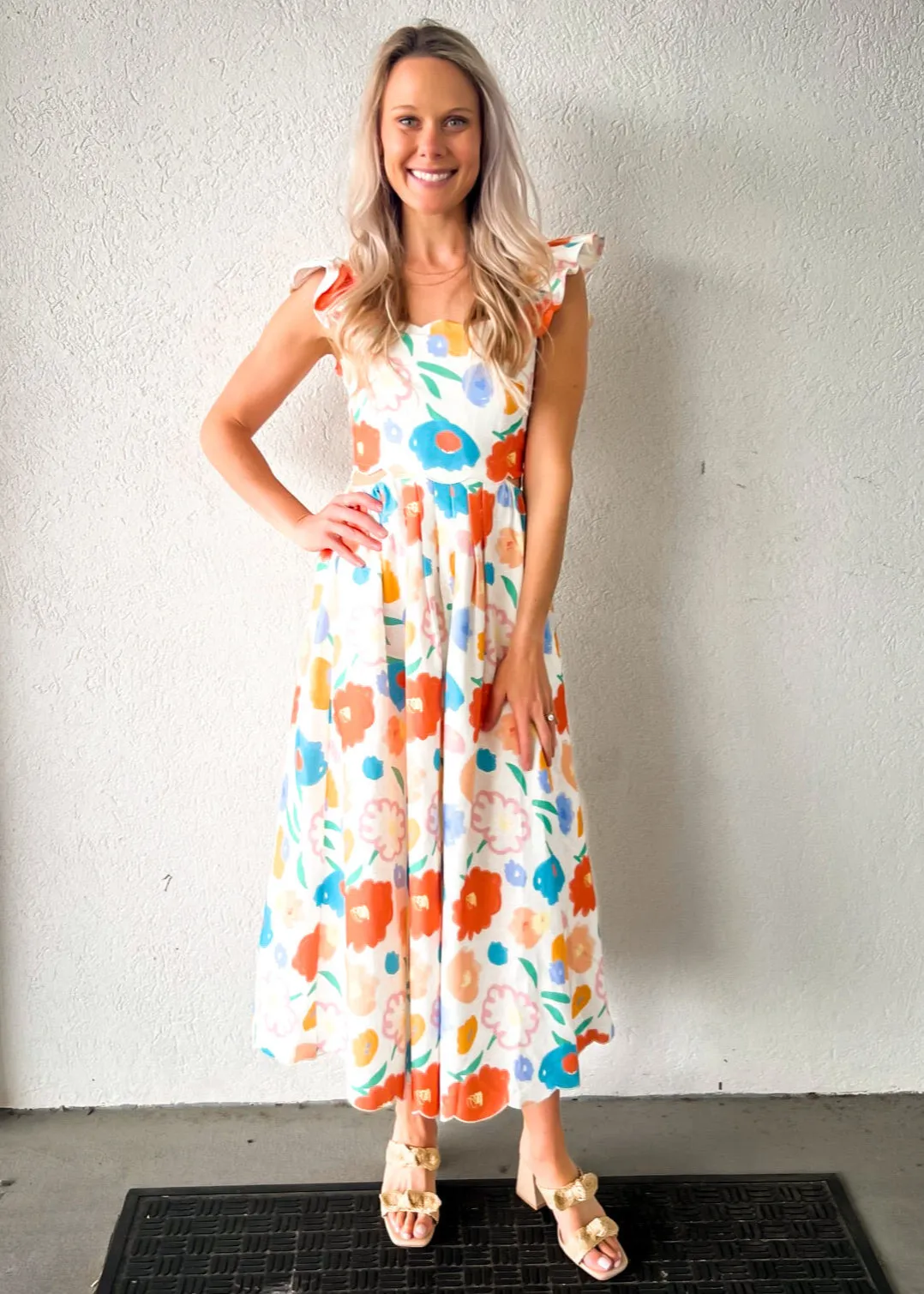 Satin Soft Flowing Layers ASHTON FLORAL DENIM SCALLOP MIDI DRESS