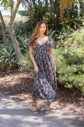 Tina Short Puff Sleeve Floral Print Maxi Dress Black Smart and Chic Live Soft