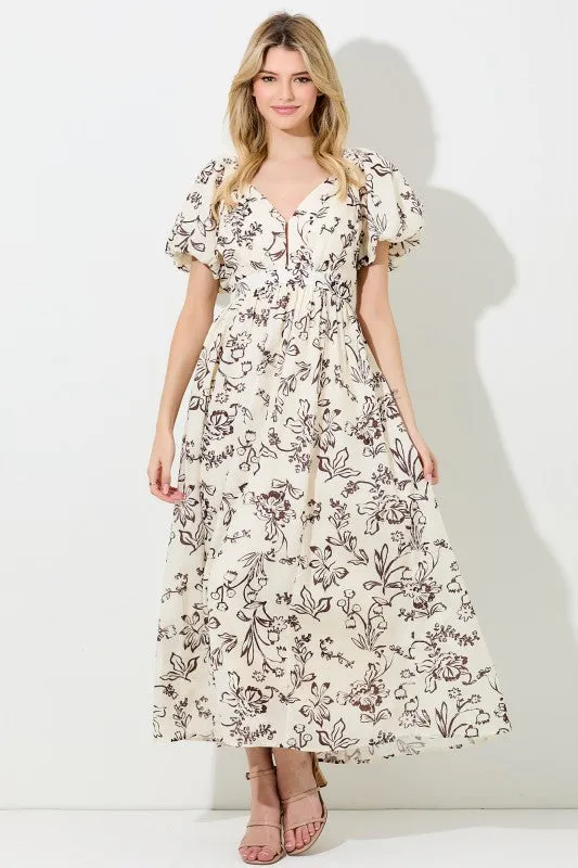 Tina Short Puff Sleeve Floral Print Maxi Dress Cream Subtle Touch Fit for All Seasons