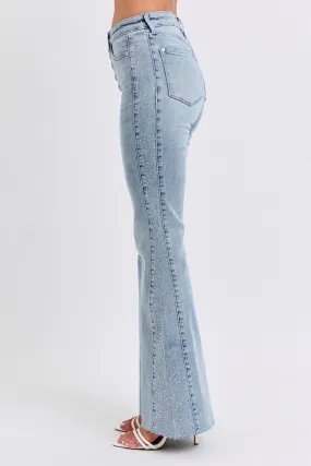 Mid Rise Flare Rhinestone Side Panel Detail Jeans by Judy Blue Ventilated Mesh Lining Casual Stretch Wear