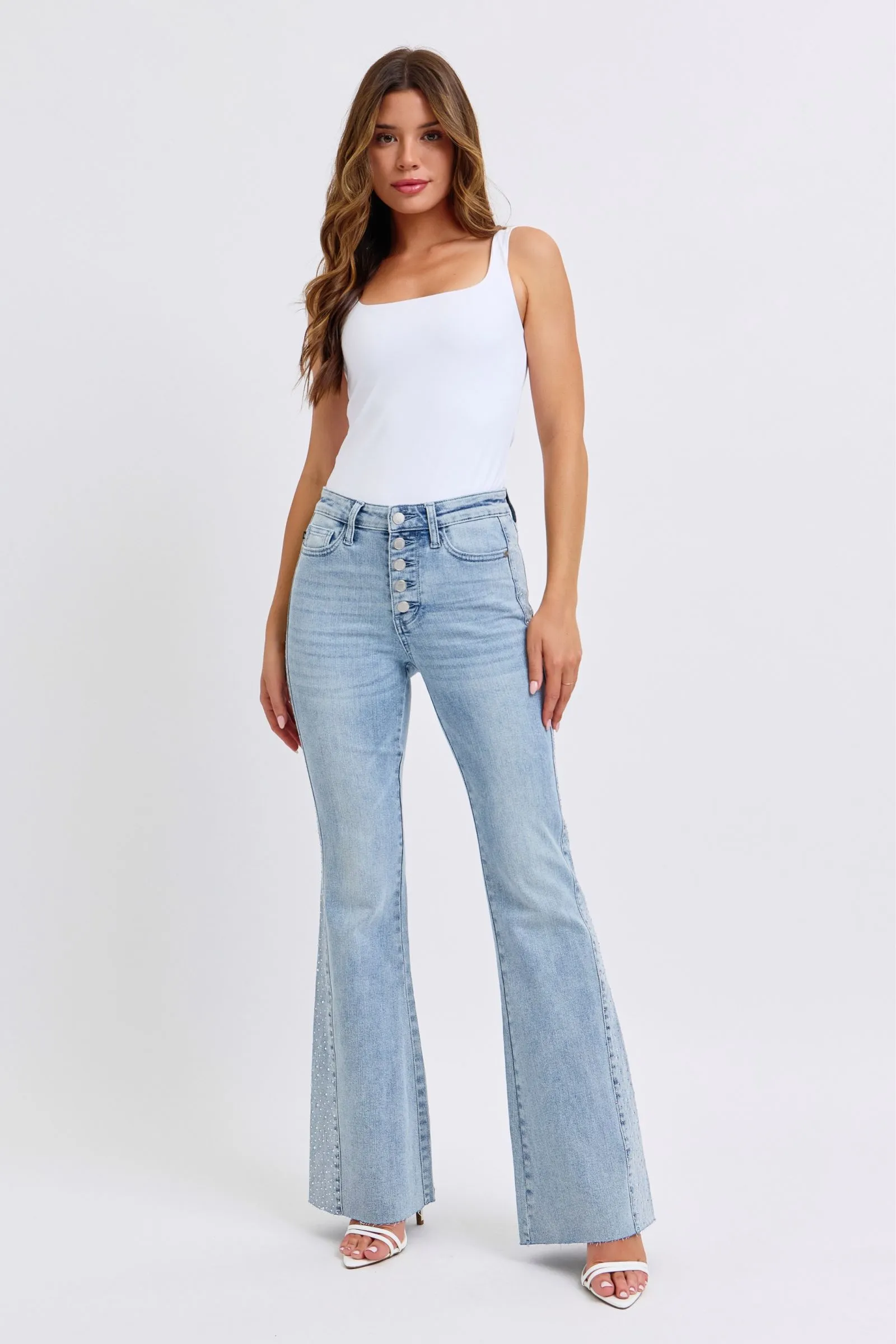Mid Rise Flare Rhinestone Side Panel Detail Jeans by Judy Blue Smart Motion Abrasion resistant
