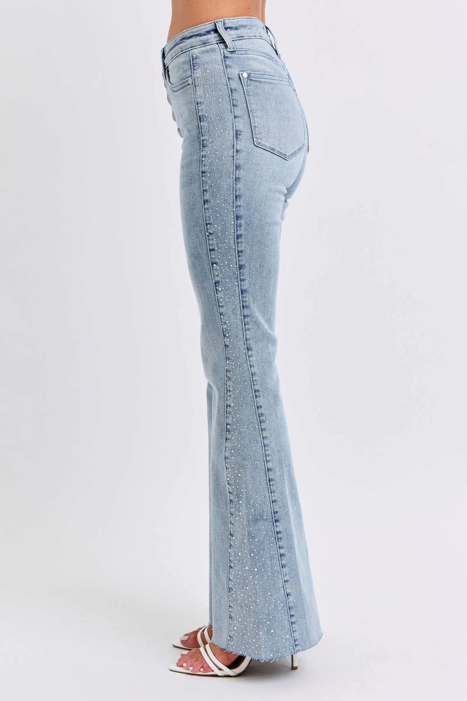 Mid Rise Flare Rhinestone Side Panel Detail Jeans by Judy Blue Ventilated Mesh Lining Casual Stretch Wear