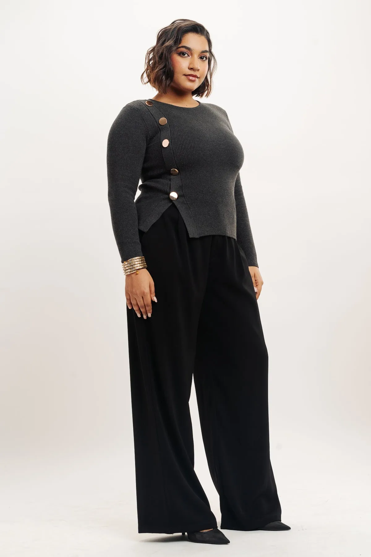 Curve Black Pleated Straight Korean Pants Smart Fit