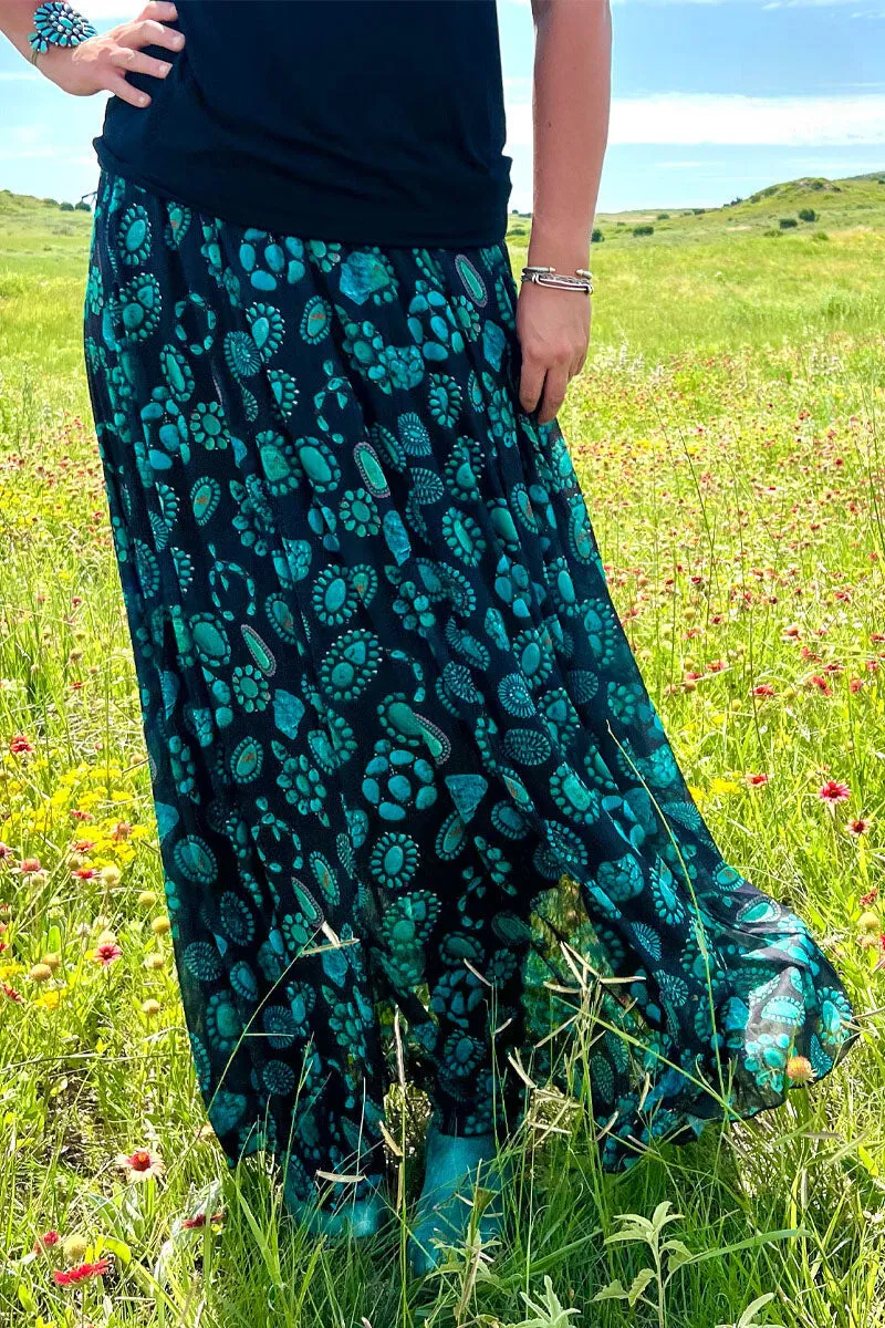 Turquoise Concho & Squash Blossoms on Black Mesh Dress or Maxi Skirt Underwire-Support