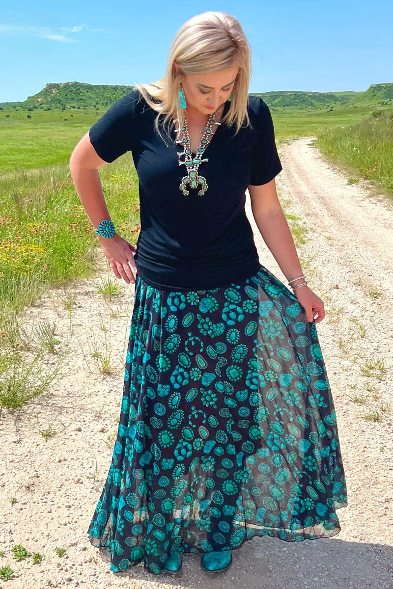 Turquoise Concho & Squash Blossoms on Black Mesh Dress or Maxi Skirt Luxe Wear