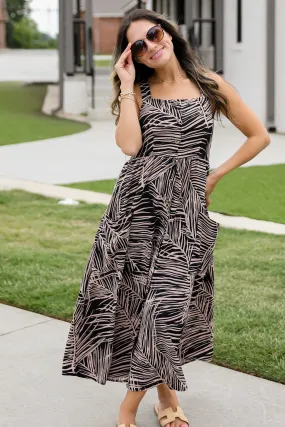 Sleek Waistband Pure Fabric FINAL SALE - Happy You're Here Black Leaf Print Midi Dress