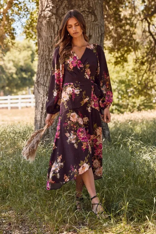 Lennon Long Sleeve Wrap Floral Print Midi Dress Brown All weather