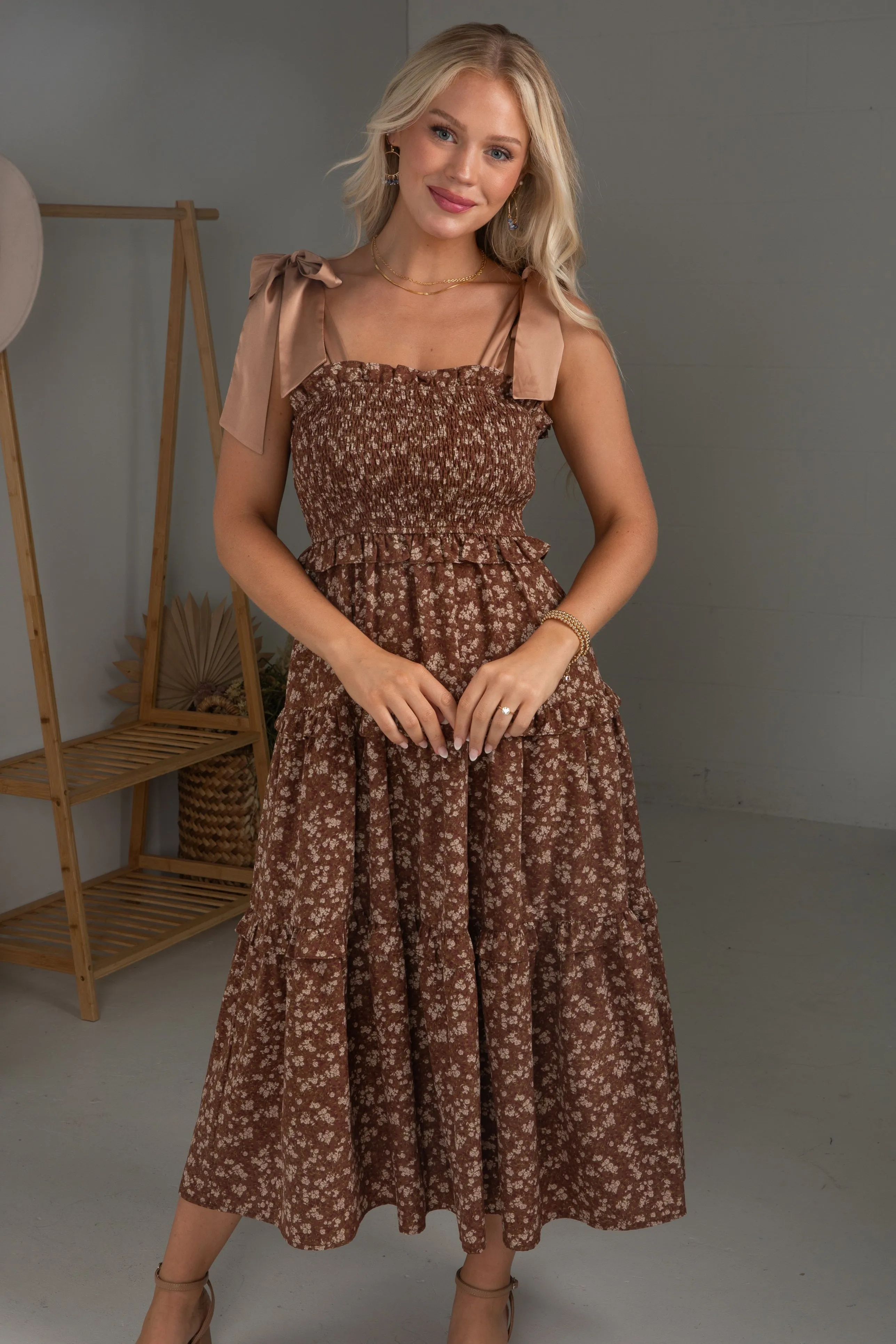 Muted Moments Brown Floral Tiered Midi Dress Flap-Detail Off-Shoulder