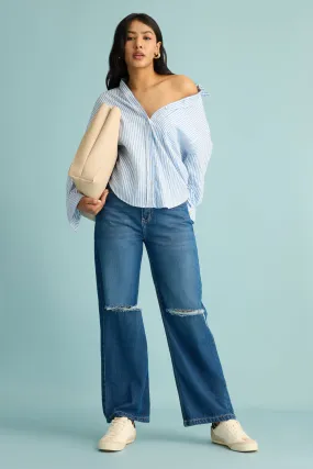 Urban Blue Distress Women's Wide Jeans Circular Knit Construction Unisex Friendly