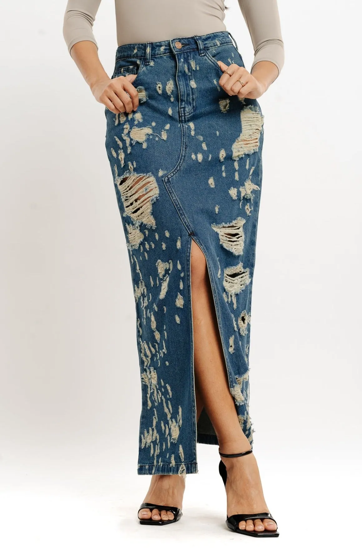 Fashion Energy Blue Tinted Front Slit Women's Long Distressed Skirt